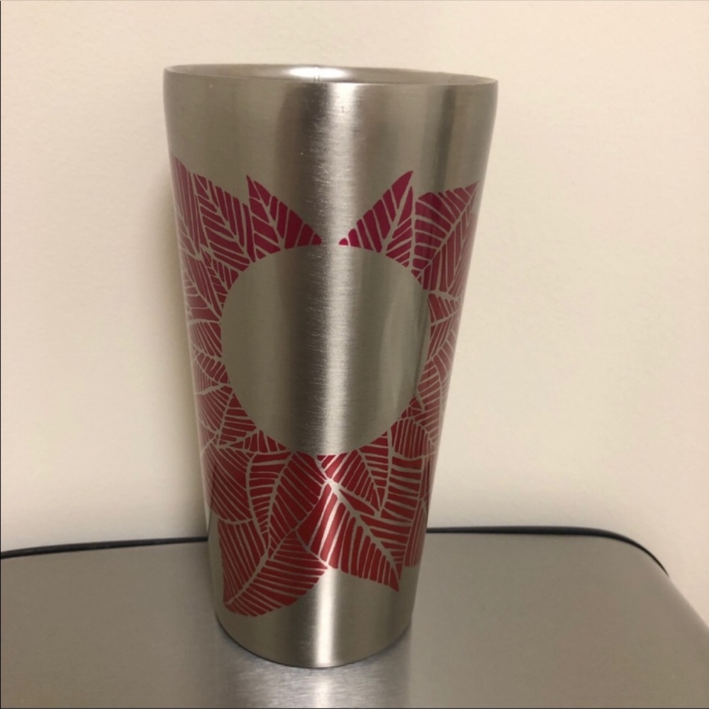 Starbucks Tumbler, Silver, Red, Leafs, Sunburst Design Stainless Steel 2014